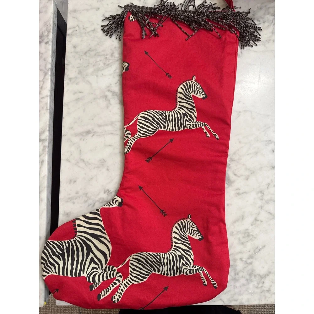 Scalamandre Zebras Christmas Stocking Red Cotton Bullion Fringe Safari Decor 23i